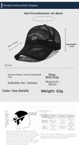 Size guide for breathable summer mesh baseball cap with 10.5cm long brim and 56-60cm circumference