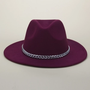 Deep purple wool fedora hat with a silver metal chain trim for a stylish vintage look