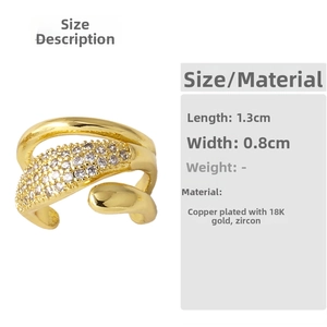Macro shot of 18K gold-plated C-shaped cuff earring with zircon, size 1.3cm by 0.8cm