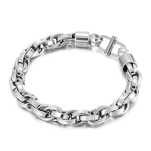 Men's silver oval twisted curb chain bracelet in polished stainless steel with link buckle