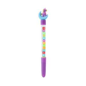Close-up of cute purple unicorn pen with alphabet beads inside transparent barrel