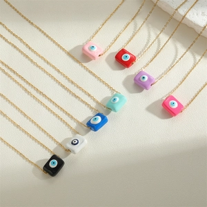 Rectangular Evil Eye necklaces in eight vibrant colors with thin golden chains