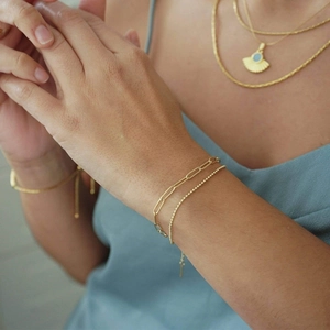 18K gold plated stainless steel layered snake chain bracelet and fan pendant necklace