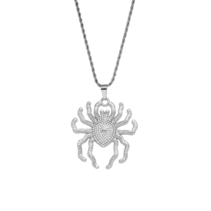 Sparkling silver spider pendant with iced out rhinestones on a twisted chain necklace