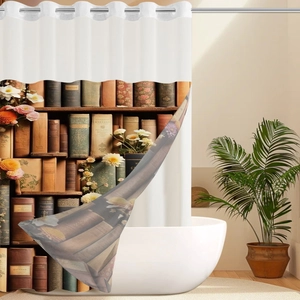 Detail of vintage bookshelf and floral print on double-layer waffle shower curtain