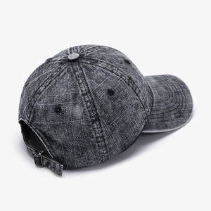 Classic washed black denim baseball cap with adjustable metal buckle and vintage texture