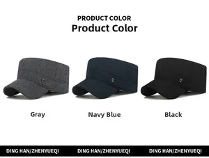 Three colors of men's winter flat top caps in grey, navy blue, and black for cold weather