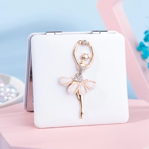 Square PU Leather Compact Makeup Mirror Folding Double Sided With Rhinestone Ballerina Decoration For Travel