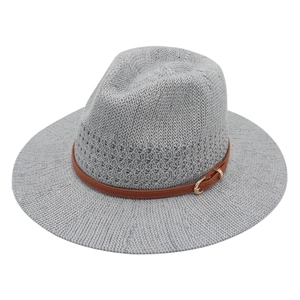 Classic grey Italian felt fedora hat with wide brim and decorative brown leather buckle strap