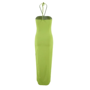 Detailed back view of a fruit green halter backless maxi dress with slender straps