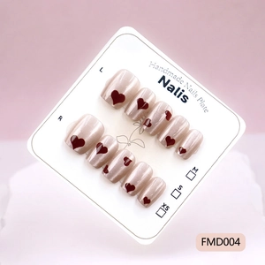 Handmade burgundy heart cat-eye press-on nails with 10 pieces glittery finish set