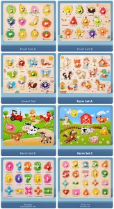 Collection of 8 wooden peg puzzles for toddlers featuring fruits, animals and numbers