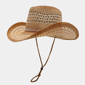 Western Cowboy Straw Hat Hollow Breathable Wide Brim Sun Protection Rhinestone Rivet Belt Adjustable Wind Rope Vintage