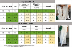 Comprehensive size guide for sleeveless cotton linen pleated top and maxi skirt set