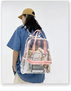 Close-up of pink padded straps and white mesh side pocket on a clear PVC backpack