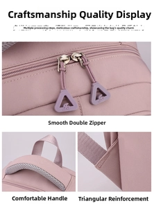 Detail of waterproof nylon backpack with smooth metal zippers and reinforced stitching