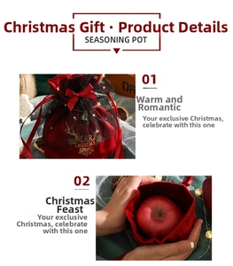 Close-up of red velvet Christmas gift bag with gold elk patterns and starry mesh detail