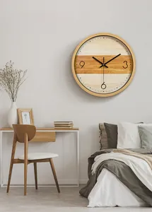 Minimalist wood grain wall clock displayed in a modern Nordic style bedroom setting