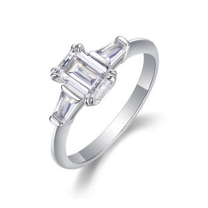Classic S925 sterling silver three-stone ring with emerald cut moissanite center stone