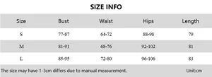 Detailed size chart showing S, M, L measurements for the polka dot off-shoulder dress