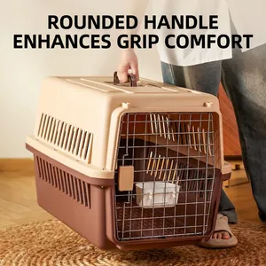 Portable pet carrier travel crate for cats and dogs with comfortable rounded handle