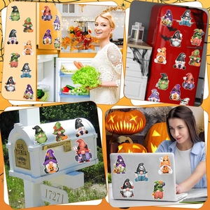 Halloween gnome magnets displayed on refrigerator, mailbox and laptop surfaces