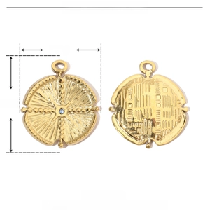 Detailed parameter view of gold-plated stainless steel coin pendant with blue rhinestone