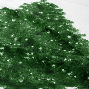 Dettaglio del tessuto dell'arazzo natalizio verde scuro con aghi di pino e stelle
