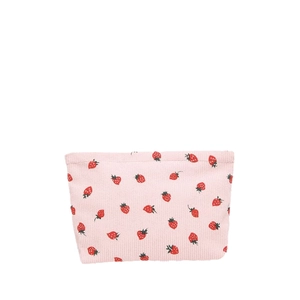 Pink corduroy strawberry tote bucket bag with textured fabric and red strawberry pattern