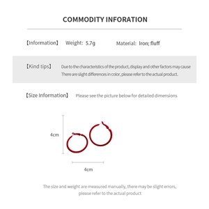 Detailed spec sheet showing 4cm red flocked circular hoop earrings with 5.7g weight info