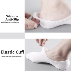 Detail of white cotton loafer socks with anti-slip silicone heel and elastic ribbed cuff
