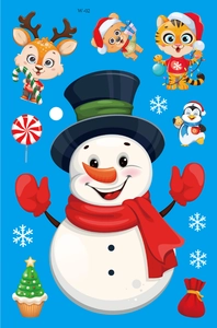 Detail of Christmas window stickers featuring snowman, reindeer and penguins on blue background