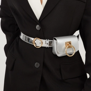 Fashion Metallic Silver Faux Leather Belt With Small Waist Bag Korean Minimalist Alloy Pin Buckle Decorative Waistband For Women