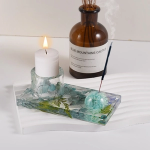 Three-piece botanical resin set with blue dried flowers in tray, holder and incense burner