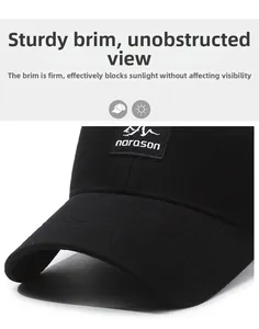 Close-up of black baseball cap featuring Narason embroidery and a sturdy curved brim