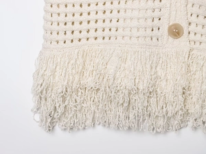 Close-up of knit fabric with crochet details, fringe trim, and an amber button