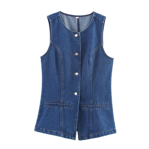 Gilet en jean bleu pour femme avec col rond et boutons métalliques au style rétro chic