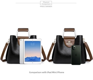 Detailed comparison of PU leather tote bags with iPad Mini and smartphone for size reference