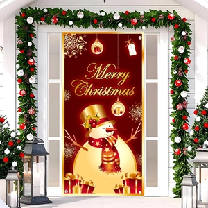 Golden Christmas door banner with snowman and bells for festive garden decoration