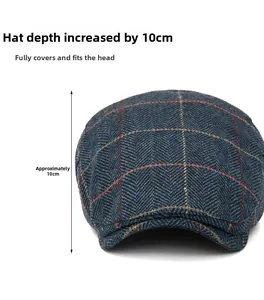 Detail of wool herringbone flat cap showing 10cm depth and textured tweed fabric