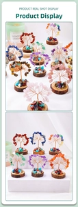 Detail of handmade crystal money trees with copper wire branches and natural wood base