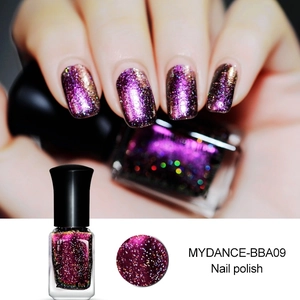 Detail von Chamäleon-Nagellack in Dunkelviolett mit Glitzer und Flaschenansicht