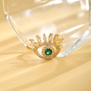 Gold-plated Evil Eye open ring with green zircon center and white crystal accents
