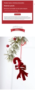 Detail of red flocked candy cane ornament with glittery bow on Christmas tree branch