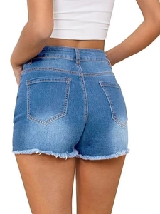 Back view of high-waisted blue denim shorts with raw hem and distressed details