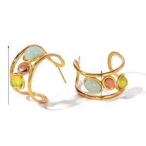 Detail view of 18K gold plated earrings with dimensions and colored gemstones