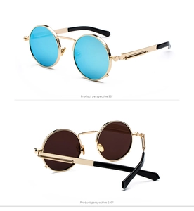 Detail view of steampunk sunglasses with golden metal spring temples and cyan mirror lenses