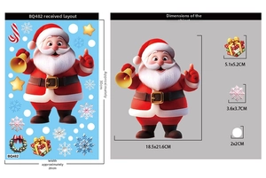 Detailed size chart of Christmas window clings featuring Santa, snowflakes and gingerbread man