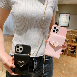 Crossbody phone case with wallet card holder, gold heart clasp and metal chain strap