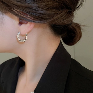 Close-up of twisted silver double hoop earrings with pavé rhinestones on a model